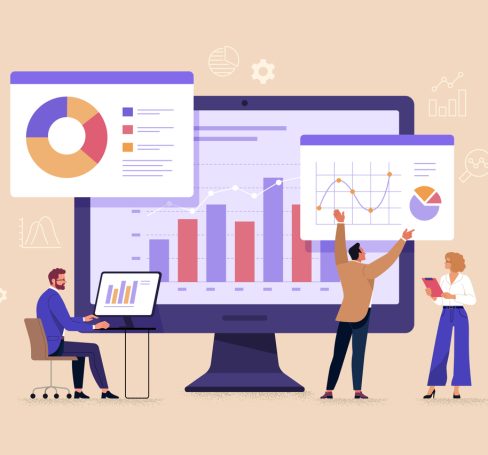 Vector illustration in flat style of a large monitor with tabs displaying graphs and chats and groups of people studying them. Isolated on background